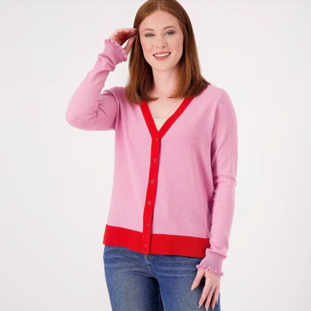 Candace Cameron Bure Pink Red Trim Ruffle Cuff Cardigan Sweater XS